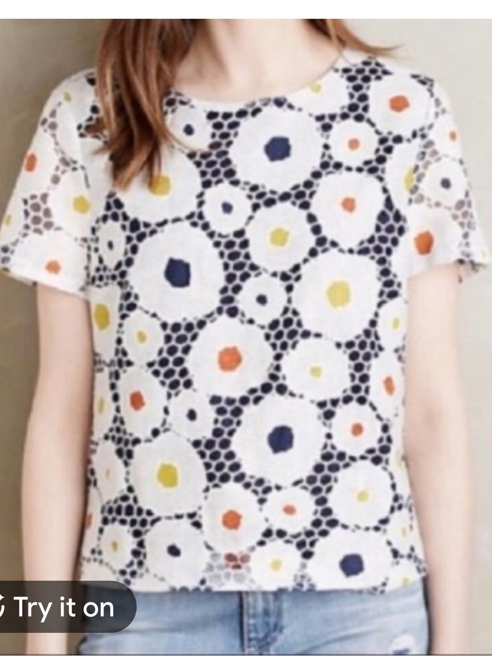 Anthropologie Harlyn Navy and White Floral Eyelet Short Sleeve Blouse